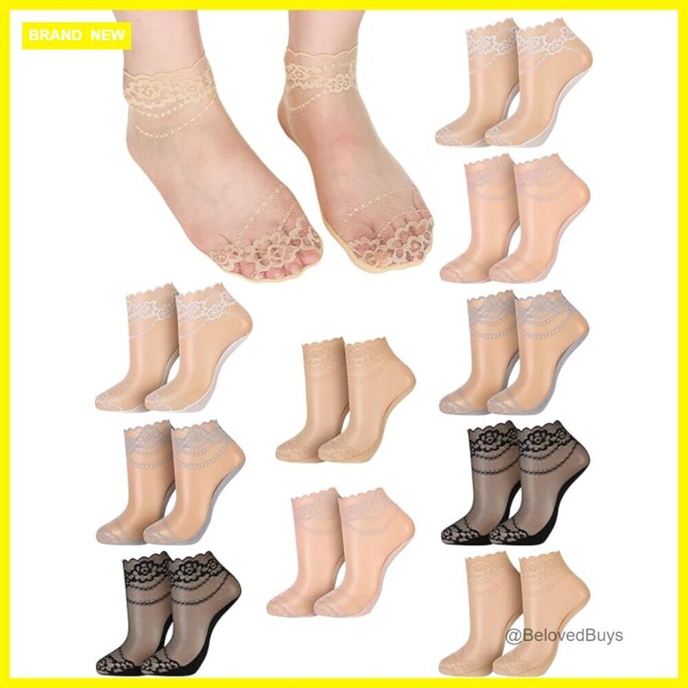 10 Pairs Women's Lace Ankle Socks Non-Slip No-Show for Loafers Flats